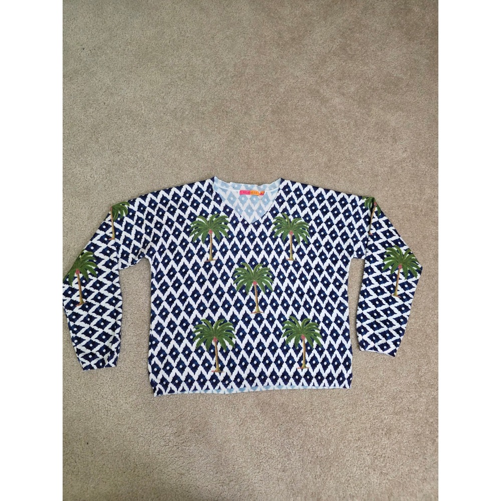 Vilagallo Womens Blue White Ikat Palm Tree V-Neck Cotton Blend Sweater Size S